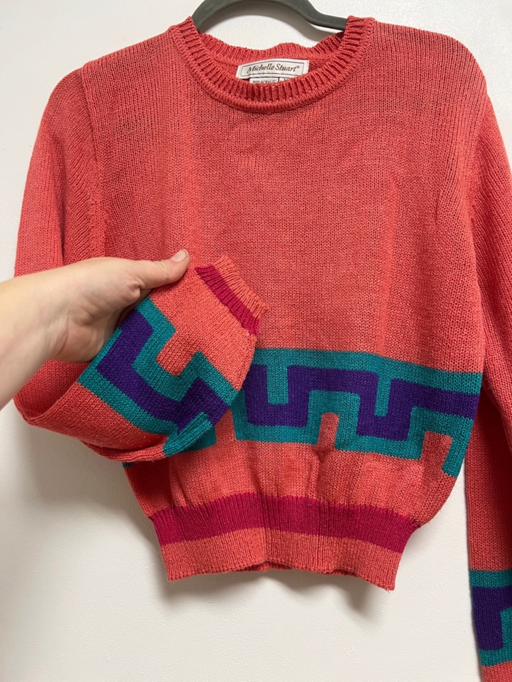 Michelle Stuart Vintage Coral Crewneck Sweater Teal & Purple Trim Small Medium - Picture 3 of 5